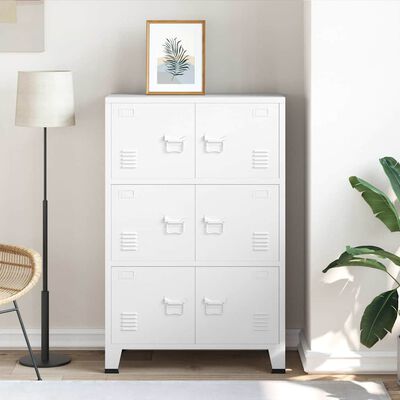 Close-up of white cabinet with four small doors and vented panels