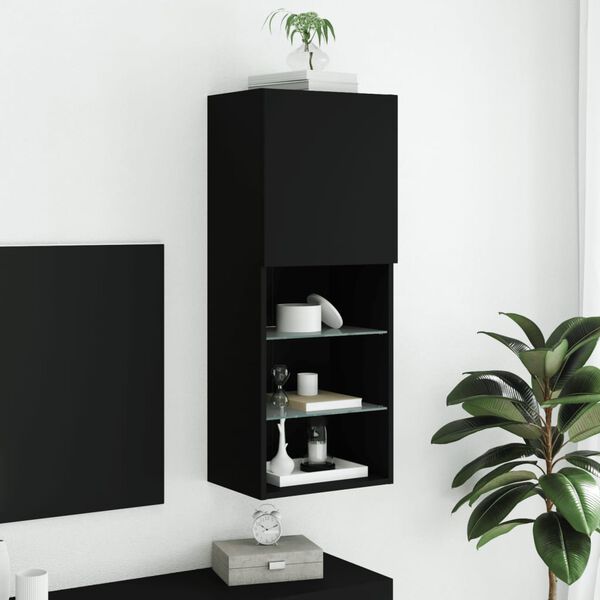 vidaXL TV Cabinet Black Engineered wood, glass Medium Wall mounting