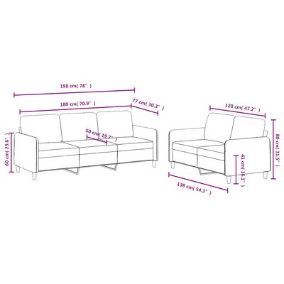 Illustrated diagram showing dimensions for a sofa set (measurements in cm/in).