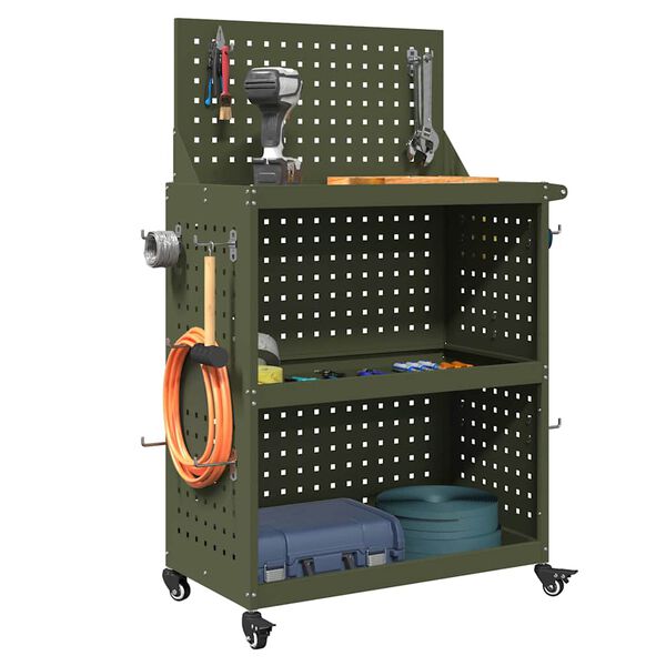 vidaXL Tool Trolley with Shelf Olive Green 25.59 x 13.78 x 43.70 in