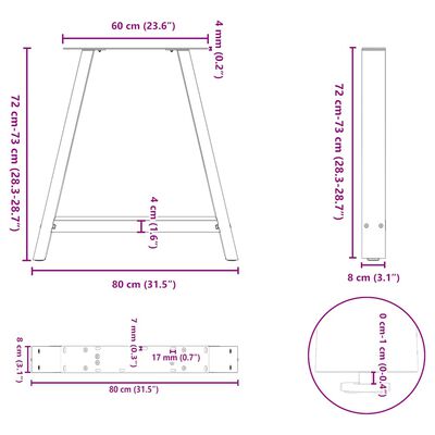 Technical diagrams with dimensions for a stool or workbench legs: measurements in cm and mm