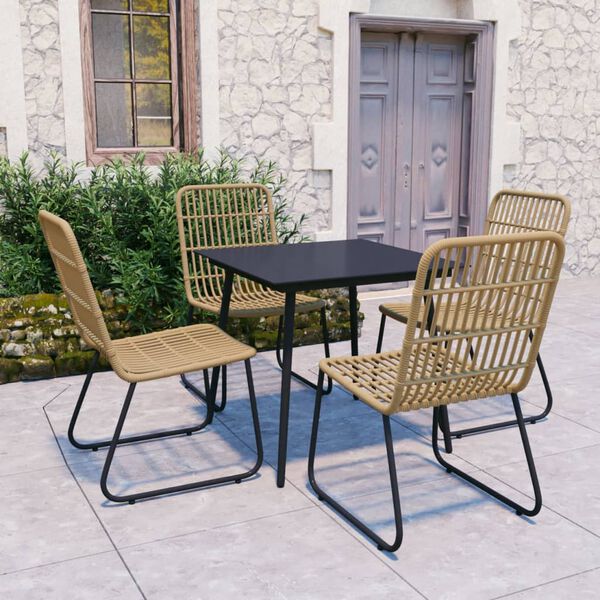 vidaXL Dining Set Oak and Black Poly rattan, powder-coated steel, glass