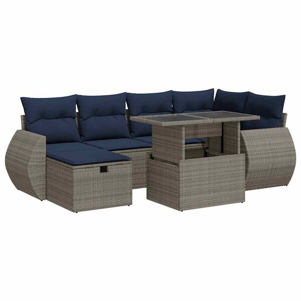 vidaXL 7 Piece Patio Sofa Set with Cushions Grey Poly Rattan Acacia