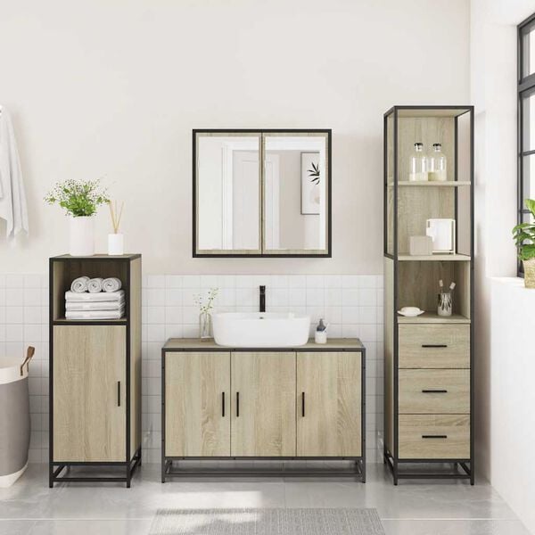 vidaXL Bathroom Furniture Set Sonoma Oak Engineered Wood, Metal Large