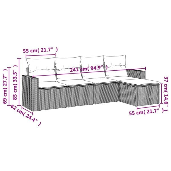 vidaXL 5 Piece Patio Sofa Set with Cushions Gray Poly Rattan