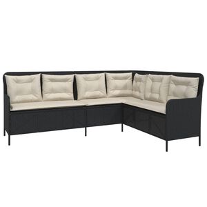 vidaXL Patio Sofa with Cushions L-Shaped Black Poly Rattan