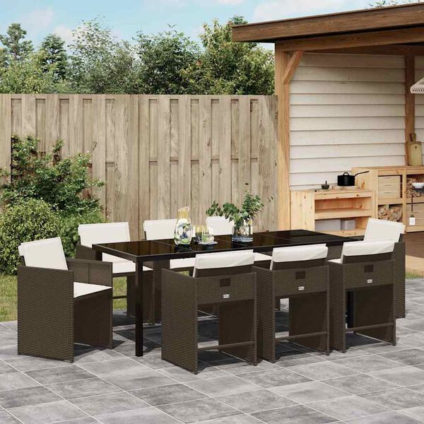 vidaXL Garden Dining Set with Cushion 9 pcs Brown Poly Rattan