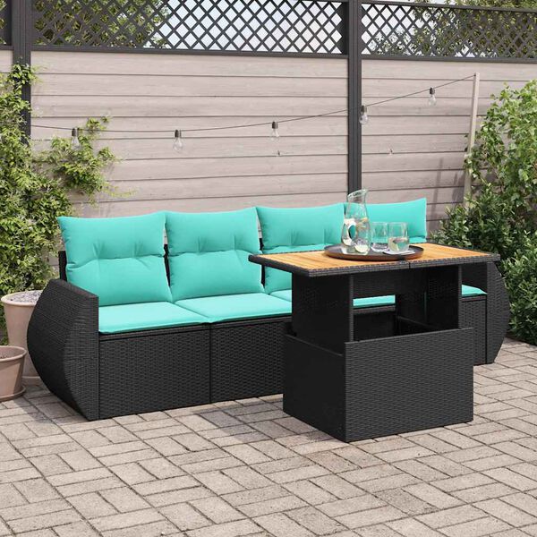 vidaXL 5 Piece Patio Sofa Set with Cushions Black Poly Rattan
