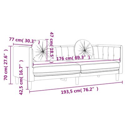 Diagram of a sofa with dimensions labeled in pink and purple, showing length 193.5 cm, depth, and seat heights.