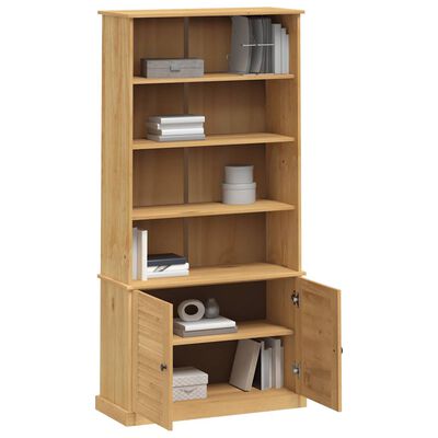 Wooden display cabinet with multiple shelves and closed bottom storage doors