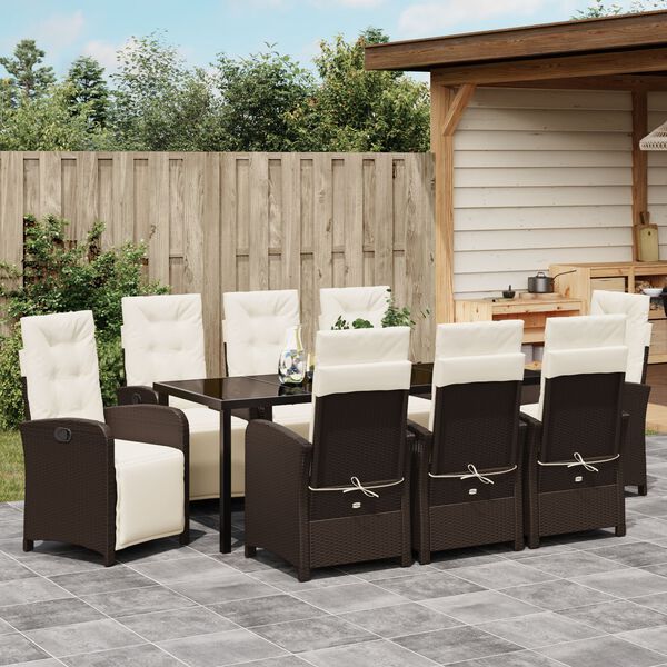 vidaXL Garden Dining Set with Cushion 9 pcs Brown Poly Rattan