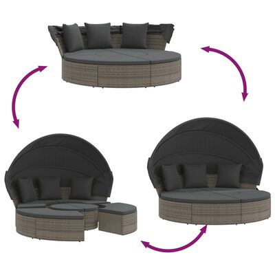 Diagram collage of outdoor daybed configurations: canopy units and round daybed with cushions