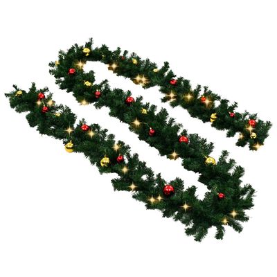 vidaXL Christmas Garland with Baubles and LED Lights Green 32.8' PVC