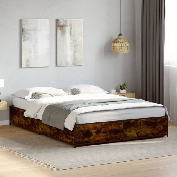 vidaXL Bed Frame Smoked Oak Engineered wood, steel 55.1 x 74.8 in