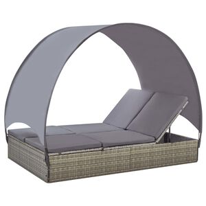 vidaXL Sun Lounger With Canopy Grey and dark grey PE rattan Double
