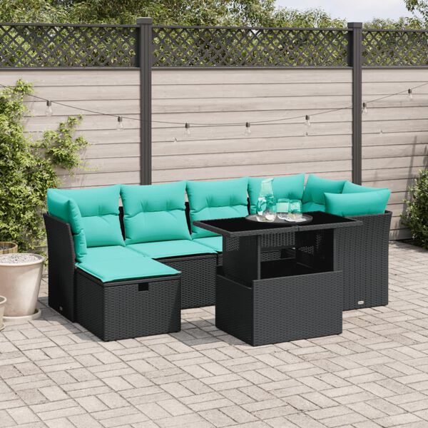 vidaXL 7 Piece Garden Sofa Set with Cushions Black Poly Rattan