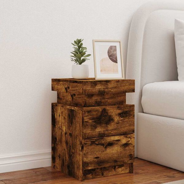 vidaXL Bedside Cabinet with LED Lights Smoked Oak 13.8"x15.4"x21.7"