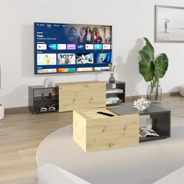 FMD TV Stand Artisan Oak and Black Melamine-coated Chipboard Large