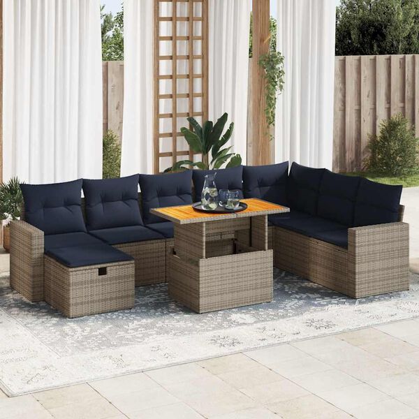 vidaXL 9 Piece Patio Sofa Set with Cushions Gray Poly Rattan Acacia