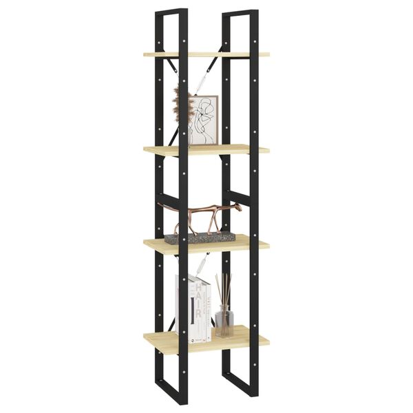 vidaXL Book Cabinet Natural Wood, Black Solid Pine Wood, Metal 4-Tier