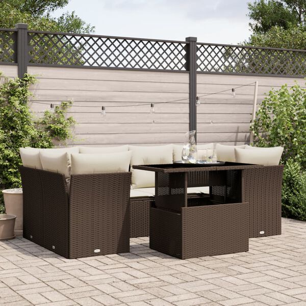 vidaXL 7 Piece Patio Sofa Set with Cushions Brown Poly Rattan