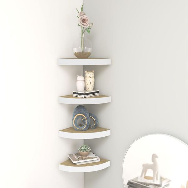 vidaXL Wall Corner Shelf Set of 4 Oak and White Honeycomb MDF, Metal