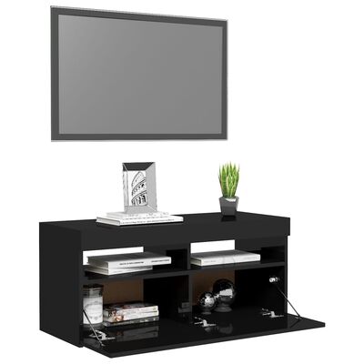 vidaXL TV Cabinet with LED Lights High Gloss Black 35.4"x13.8"x15.7"