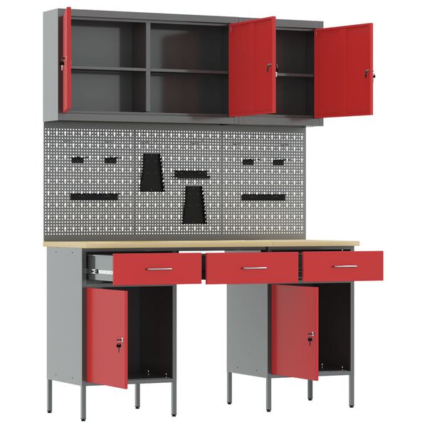 vidaXL Work Bench with Drawer 8 pcs Red 150 x 55 x 200 cm Steel
