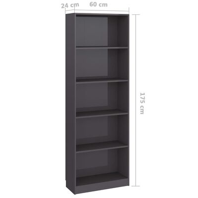 vidaXL 5-Tier Book Cabinet High Gloss Gray 23.6" x 9.4" x 68.9" Engineered Wood