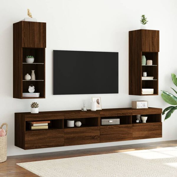 vidaXL TV Cabinet Set of 2 Brown oak Engineered wood, glass Medium