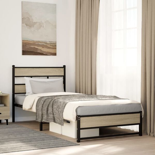 vidaXL Bed Frame Sonoma oak Steel, engineered wood Twin Bed Frame