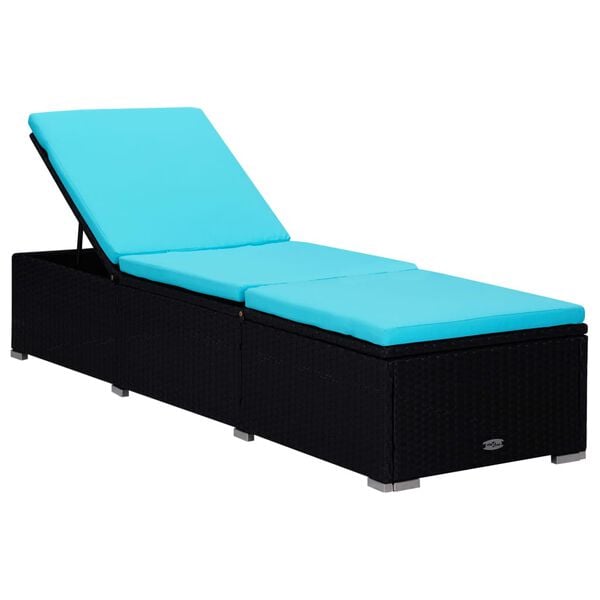 vidaXL Sun Lounger Black, Blue PE Rattan, Powder-Coated Steel, Polyester