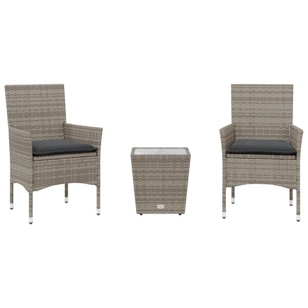 vidaXL 3 Piece Bistro Set with Cushions Grey Poly Rattan and Glass