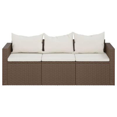vidaXL 3-Seater Patio Sofa with Cushions Brown Poly Rattan