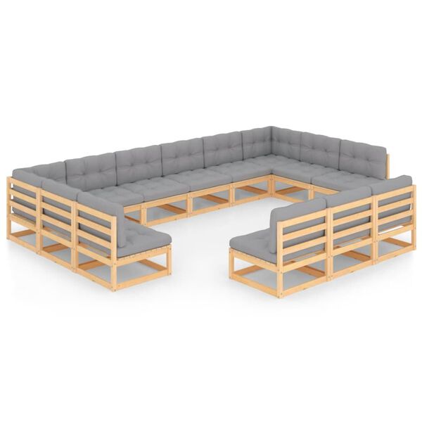 vidaXL Garden Lounge Set Natural wood, Grey cushions Solid pine wood, fabric