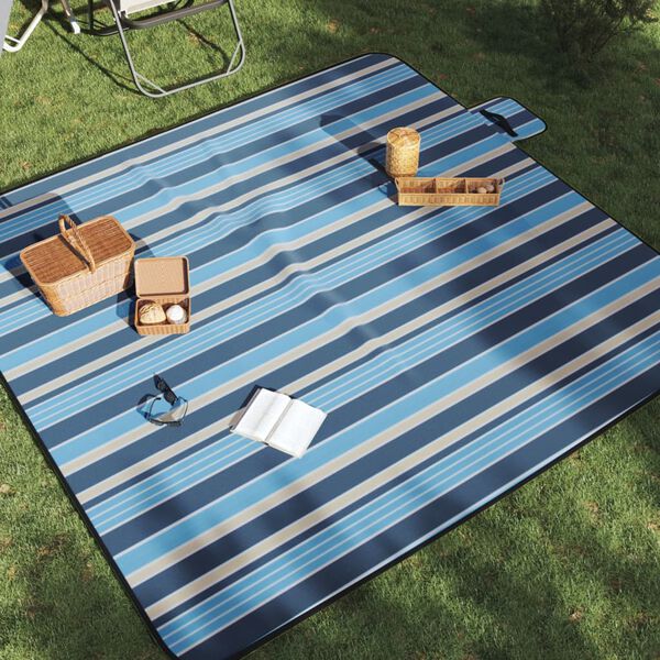 vidaXL Picnic Blanket Foldable Blue and White Stripe 78.7"x78.7" Velvet