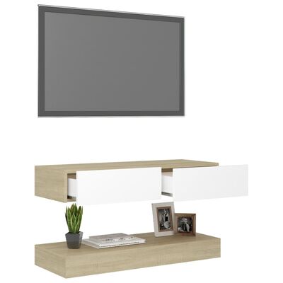 vidaXL TV Cabinet with LED Lights White and Sonoma Oak 35.4"x13.8"