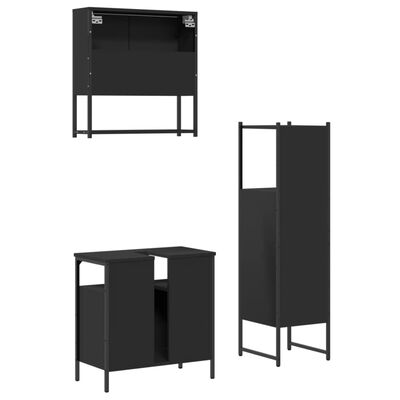 Sets of black bathroom furniture pieces including a wall cabinet, two vanity pieces, and a tall narrow cabinet