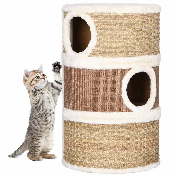 vidaXL Cat Barrel Brown, White Flakeboard, plush, seagrass Large Durable