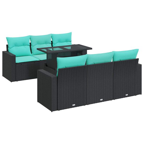 vidaXL 7 Piece Patio Sofa Set with Cushions Black Poly Rattan Acacia