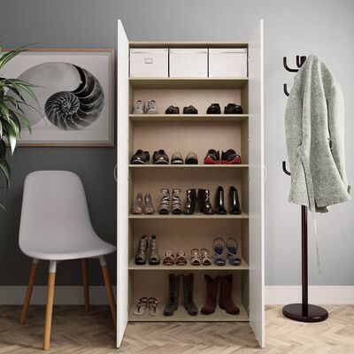 vidaXL Shoe Cabinet White and Sonoma Oak 31.5"x14"x70.9" Engineered Wood
