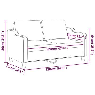 Dimensional diagram of a grey sofa with measurements labeled in centimeters and inches.
