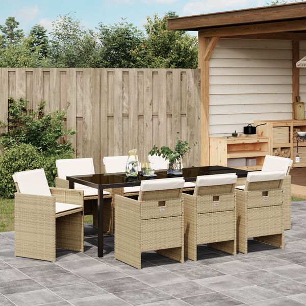 vidaXL Garden Dining Set with Cushion 9 pcs Beige Poly Rattan
