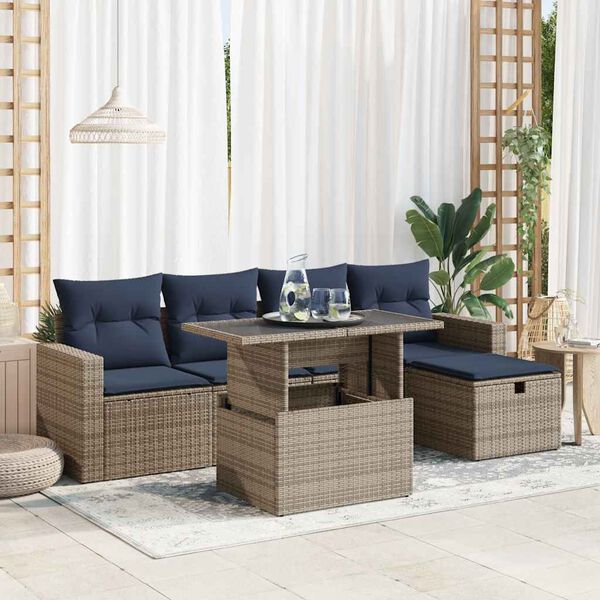 vidaXL 6 Piece Patio Sofa Set with Cushions Grey Poly Rattan