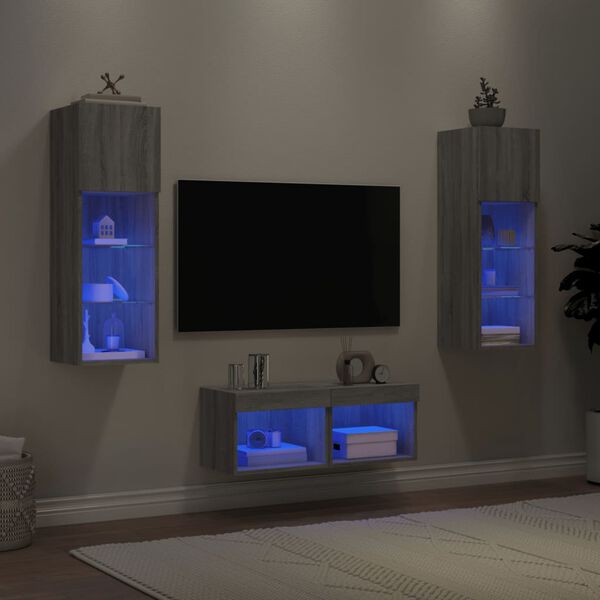 vidaXL 4 Piece TV Wall Stands with LED Lights Gray Sonoma