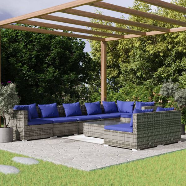 vidaXL Garden Lounge Set Grey PE rattan, powder-coated steel, plastic, glass