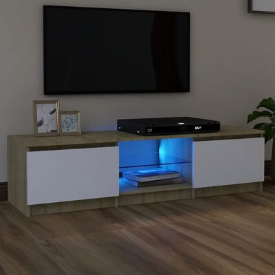 vidaXL TV Cabinet with LED Lights White and Sonoma Oak 55.1"x15.7"x14"