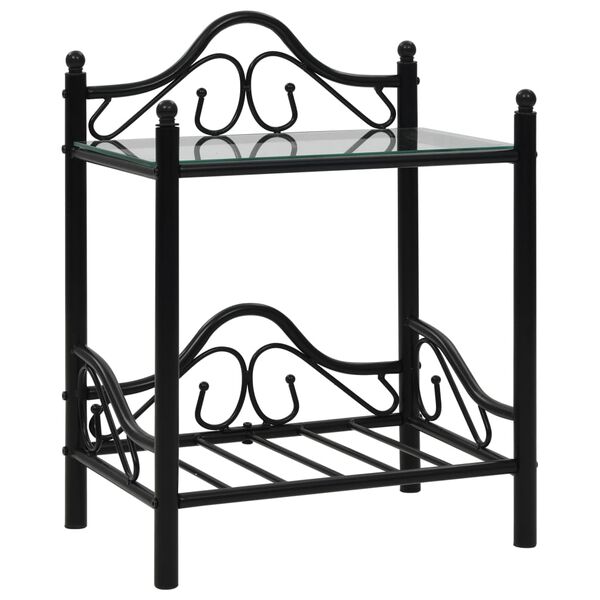 vidaXL Bedside Table Set of 2 Black Steel and tempered glass