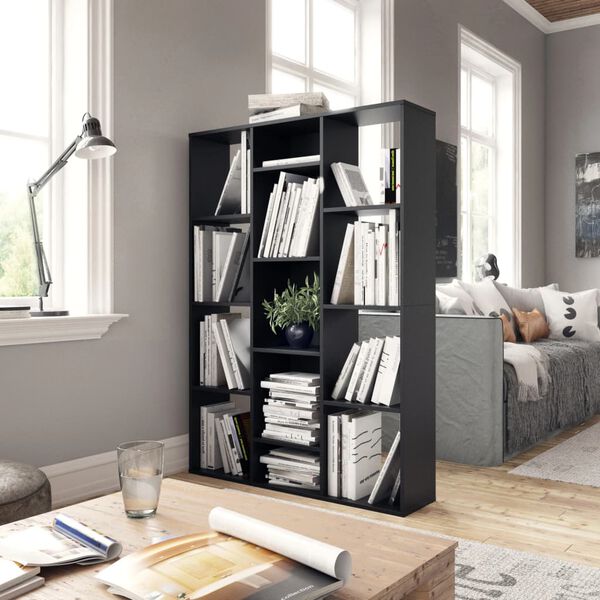 vidaXL Room Divider/Book Cabinet Black 39.4x9.4x55.1" Engineered Wood