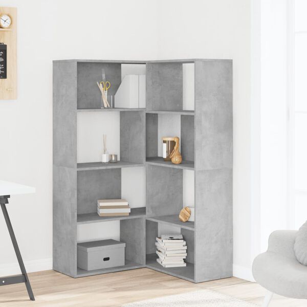 vidaXL Corner Bookcase Concrete Grey Engineered Wood 4-Tier, Medium